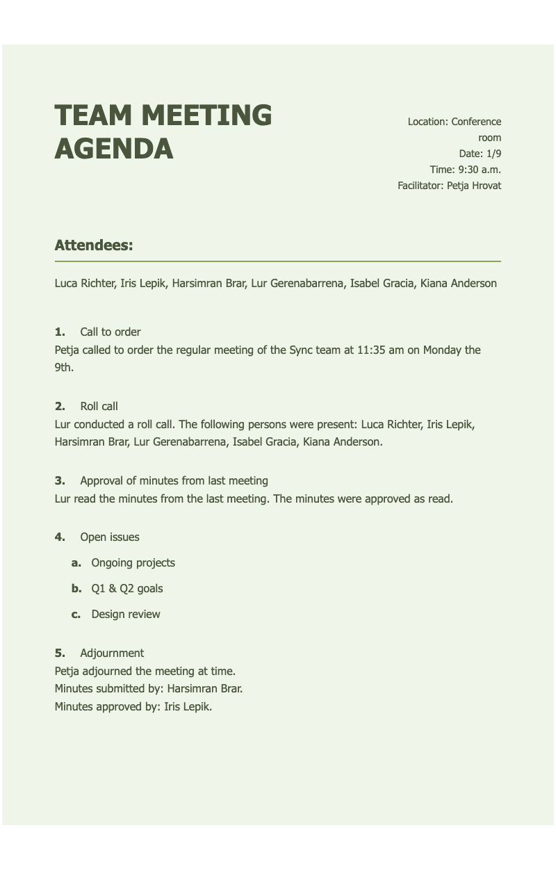 Team meeting agenda - Clean, printable meeting agenda for team syncs with structured discussion points and attendee list.